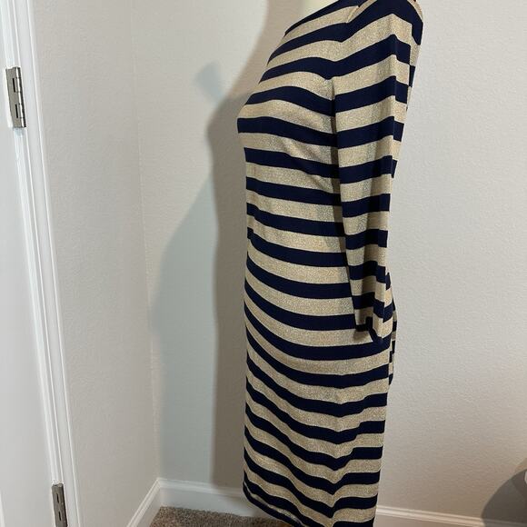 Ralph Lauren Sweater Dress Neutral Metallic Stripes Midi Office Bodycon Casual - Picture 4 of 10